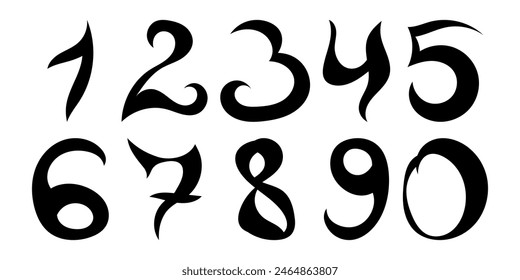Doodle hand drawn numbers from 1 to 10. Black numbers for design. Vector illustration isolated on white background.