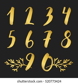Doodle hand drawn numbers set with plants. Vector illustration. Gold and black colors