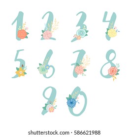 Doodle hand drawn numbers set with flowers. Vector illustration. Elements for design