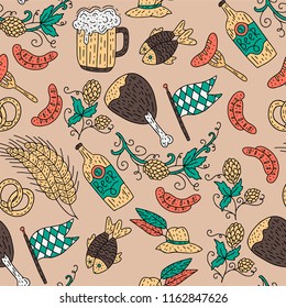 Doodle hand drawn Octoberfest seamless pattern. Colol detailed vector illustration with party elements.