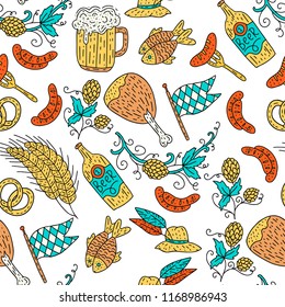 Doodle hand drawn Octoberfest seamless pattern. Colol detailed vector illustration with party elements.