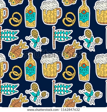 Doodle hand drawn Octoberfest seamless pattern. Color detailed vector illustration with party elements.