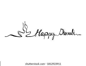 Doodle hand drawn oil lamp with candle. And text 'Happy Diwali' lettering on white silhouette. Line art black and white. Festival of light Diwali Diya concept for any design. Vector illustration.