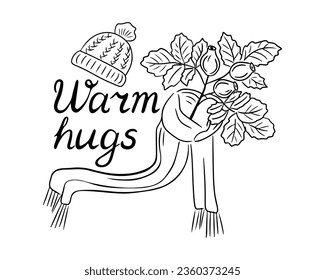 Doodle hand drawn outline autumn season lettering and quote or pharse for greeting cards, banners, posters design, stickers. Warm hugs slogan. Black doodle elements on white background.