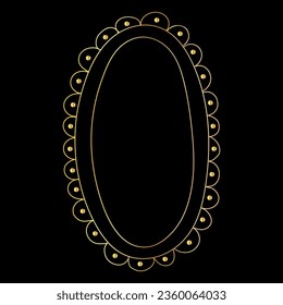 Doodle hand drawn oval golden frame isolated on black background. Retro minimalist gradient frame for photos and paintings, beautiful decorative elements.