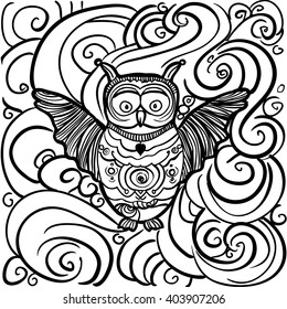 Doodle hand drawn owl illustration for coloring book