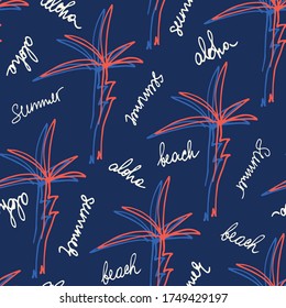 Doodle Hand Drawn Palms Hawaiian Beach Shirt Vector Seamless Pattern. Retro Surf Tropical Vacation Print for Fashion, Textile. Playful Eighties Style Summer Background. Handwritten Lettering Aloha