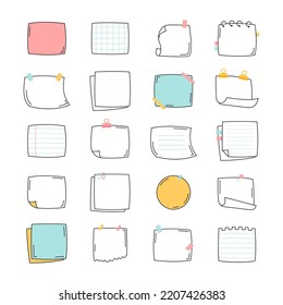 Doodle hand drawn paper notes. Simple sketch notebook sheets for sticker reminders. Notice messages, stick memos set. Cartoon vector illustration