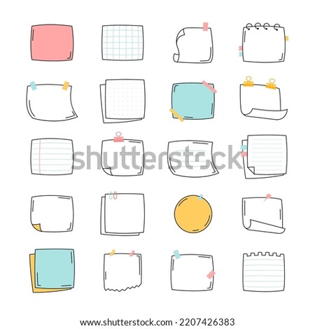 Doodle hand drawn paper notes. Simple sketch notebook sheets for sticker reminders. Notice messages, stick memos set. Cartoon vector illustration