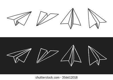 Doodle Hand Drawn Paper Plane Set In Two Styles: Pen Sketch And Chalk. Isolated Vector Illustration.