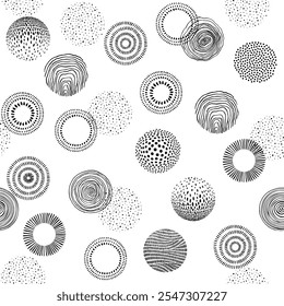 Doodle dibujado a mano patrón con diferentes círculos texturizados. Fondo Abstractas con Formas orgánicas redondas. Elementos de diseño de Vector de moda para la cubierta, cartel, Anuncio, etiqueta, tela, Fondo de pantalla, envoltura.	