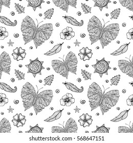 Doodle hand drawn pattern with funky elements. Happy butterflies around sun and flowers. Black and white lineart