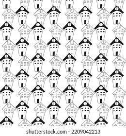 Doodle hand drawn pattern with houses in black and white. Seamless line art buildings for kids, fabric, prints