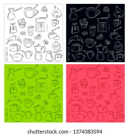 doodle hand drawn pattern sketches isolated on chalkboard background. Design elements for cafe menu or coffee shop.