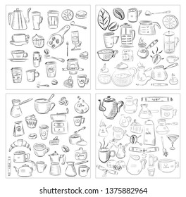doodle hand drawn pattern sketches isolated on chalkboard background. Design elements for cafe menu or coffee shop.