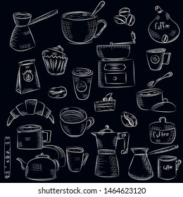 doodle hand drawn pattern sketches isolated on chalkboard background. Design elements for cafe menu or coffee shop.