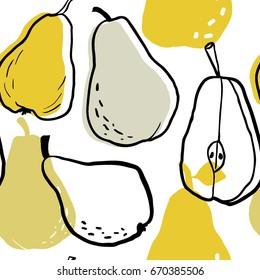 Doodle hand drawn pear seamless pattern. Sketched abstract food illustration. Hand drawn summer fruits texture for kitchen textile, wallpaper, fabric. Vegan, farm, natural food illustration