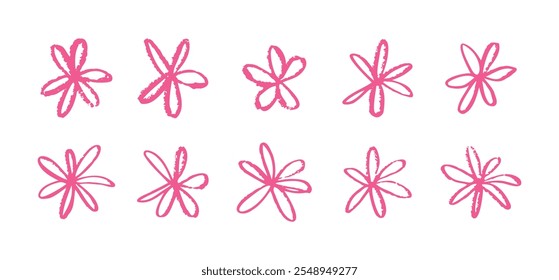 Doodle hand drawn pen Flowers , floral icons in abstract spring style. Cute shapes, daisies painted in patterns with a brush. Vector illustration