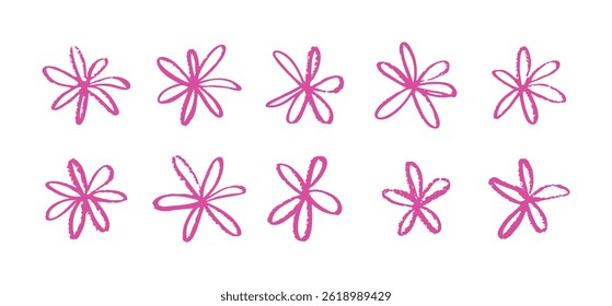 Doodle hand drawn pen Flowers , floral icons in abstract spring style. Cute shapes, daisies painted in patterns with a brush. Vector illustration