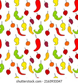 Doodle hand drawn pepper, paprika, chili seamless pattern. Vector abstract vegetable pepper illustration.