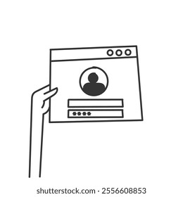 doodle hand drawn person hand holding login form page cartoon style