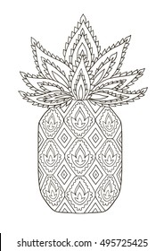 Doodle dibujado a mano piña aislada sobre fondo blanco. Libro para colorear contra el estrés para adultos. Ilustración de fruta de Vector.