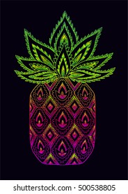 Doodle hand drawn pineapple isolated on black background. Colorful chalk draw. Vector fruit illustration in engraving style.