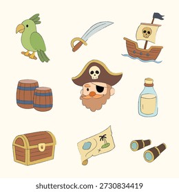 Doodle hand drawn of pirates theme object vector isolated clip art. Illustration of pirate item like ship, sword, treasure, map for asset, design, birthday