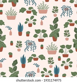 Plantas dibujadas a mano en macetas y jarrones sobre fondo rosa pastel. Patrón veloz. El acogedor diseño interior escandinavo.