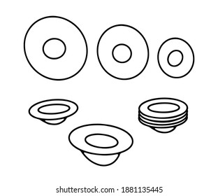 Doodle hand drawn plates set. Outline stack of plates isolated on white background. Cozy kitchen utensils, cute kitchenware, dishes for food, dinner, serving, cooking. Vector cafe, a cozy home Symbol