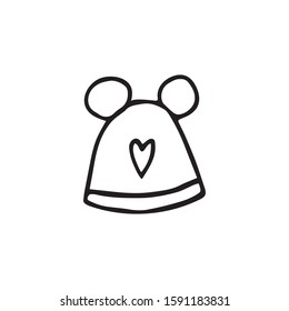 Doodle, hand drawn pom pom hat,beanie,winter hat icon isolated on a white background.