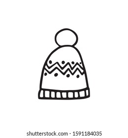Doodle, hand drawn pom pom hat,beanie,winter hat icon isolated on a white background.
