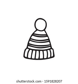 Doodle, hand drawn pom pom hat,beanie,winter hat icon isolated on a white background.
