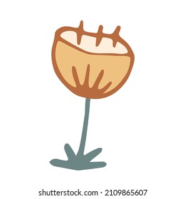 Doodle hand drawn poppy flower in folk Scandinavian style. Design element, print, tag, or logo design. Vector illustration isolated on white.