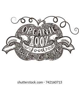 Doodle hand drawn poster with pumpkin with eco lettering. Vector illustration.