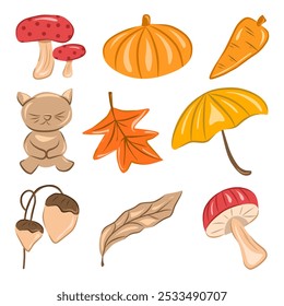 Doodle hand drawn of pumpkin, mushroom, carrot, maple leaf, umbrella, acorn, bear, and dry leaf isolated on white background for print or sticker.