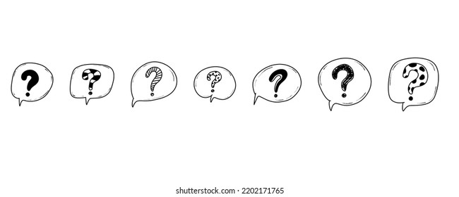 Doodle hand drawn question marks set inside speech bubbles, sketch question ask collection, vector illustration. svg