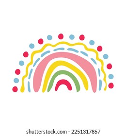 Doodle hand drawn rainbow. Cartoon colorful style isolated on white background. Design baby cute, sketch style. 