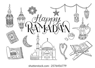 Doodle Hand drawn Ramadan illustration with mosque, lanterns, crescent moon, prayer beads, Quran, teapot, and text Happy Ramadan in decorative style. Vector drawings isolated on white background