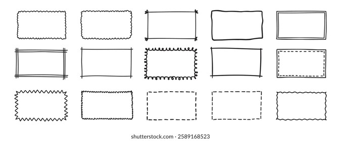 doodle hand drawn rectangle frames set. rectangle shape. Scribble pencil square empty text box. Line border design elements. Vector illustration