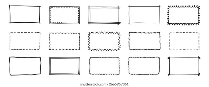 Conjunto de marcos de rectángulo dibujados a mano. Forma de rectángulo. Cuadro de texto vacío cuadrado de lápiz garabateo. Elementos de diseño fronterizos de línea. Ilustración vectorial