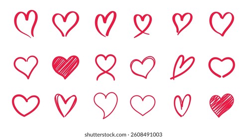 Doodle hand drawn red heart icon collection