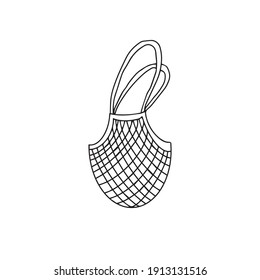 Doodle hand drawn reusable shopping net bag eco friendly no plastic accessory. Black and white clip art of string bag plastic free shopper.