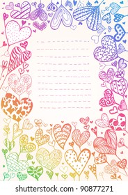 Doodle hand drawn romantic spectrum hearts background.