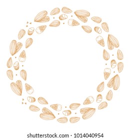 Doodle, hand drawn round frame with almond nuts isolated on white background.
