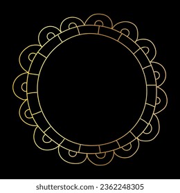Doodle hand drawn round gold frame isolated on black background. Retro minimalist gradient frame for photos and paintings, beautiful decorative elements.