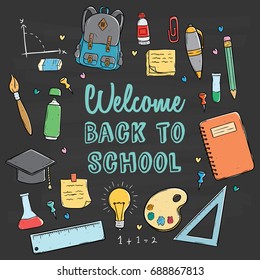 doodle or hand drawn school icons with welcome back to school text on chalkboard background