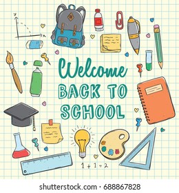 doodle or hand drawn school icons with welcome back to school text on paper background