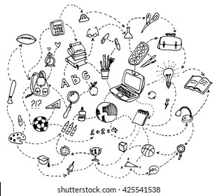 Doodle Hand Drawn School Set Elements In Vector. Kinds Of School Supplies.