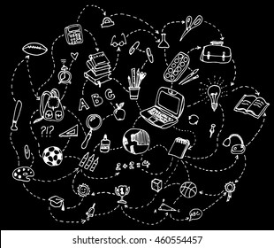 Doodle hand drawn school set elements made in vector on blackboard. Kinds of school supplies.